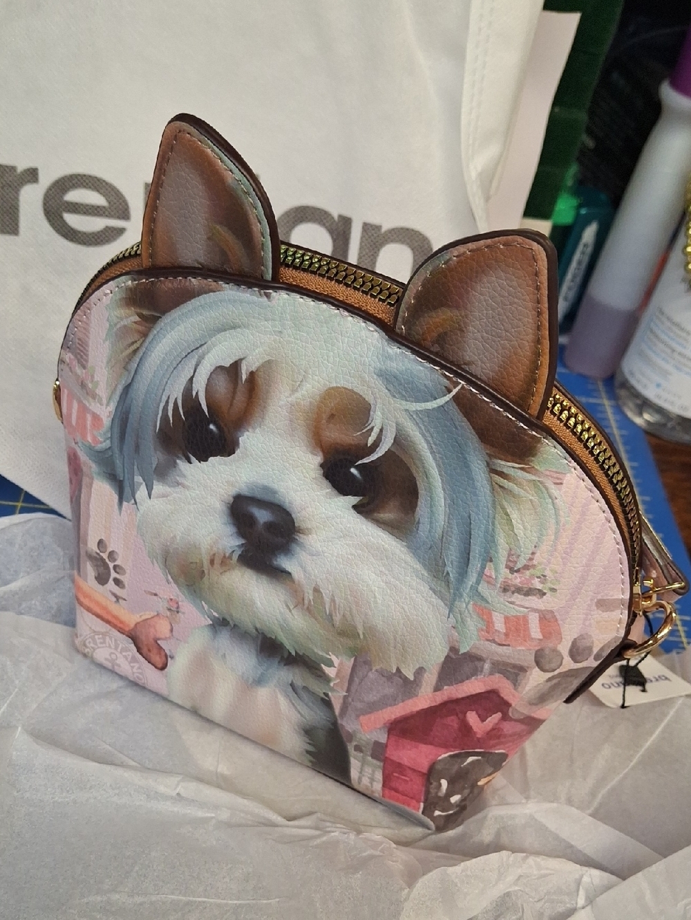 Brentane Cute Yorkie Dog Face Purse with Ear Detail - Pastel Pink & Brown NWT